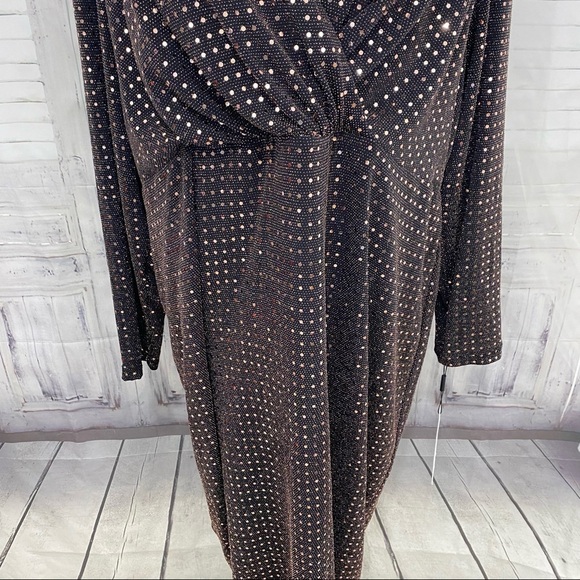 Calvin Klein Plus Metallic Dot Surplice Copper Gold Long Sleeve Sheath Dress - Picture 3 of 11